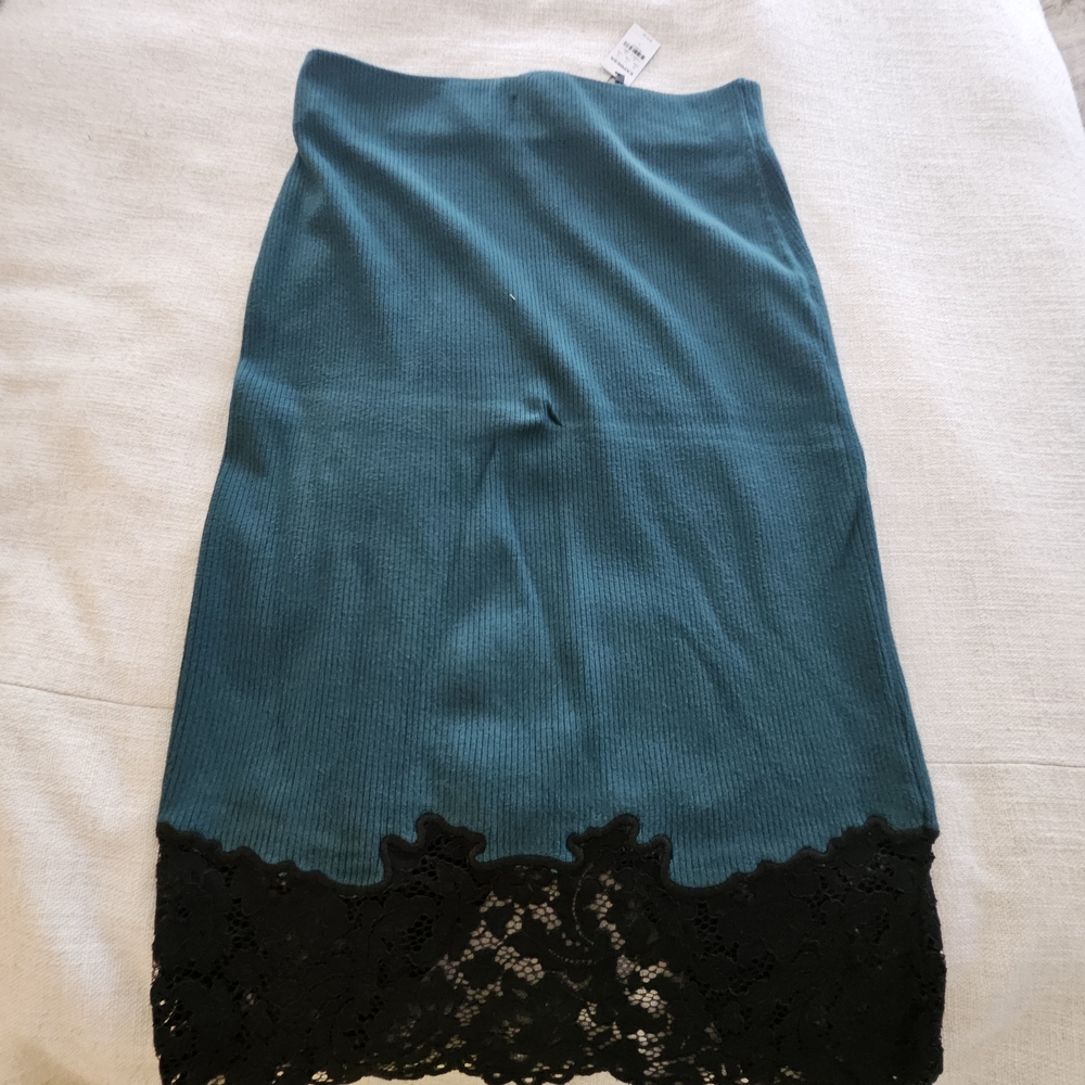 Express Teal Midi Skirt with Black Lace Hem
